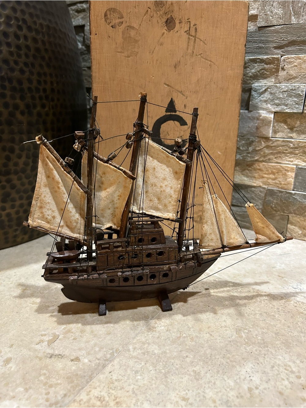 Vintage Handcrafted Rustic Wooden Clipper Sailboat Sailship Model